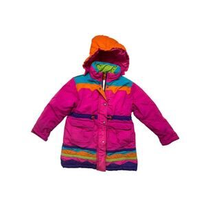 Vintage 90s Bright Pink Snow Jacket Size 6 Kid Colorful Stripe Hood Nylon Pocket